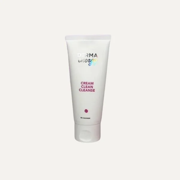 A white tube of DERM energy cream clean cleanse face cleanser on a plain background.