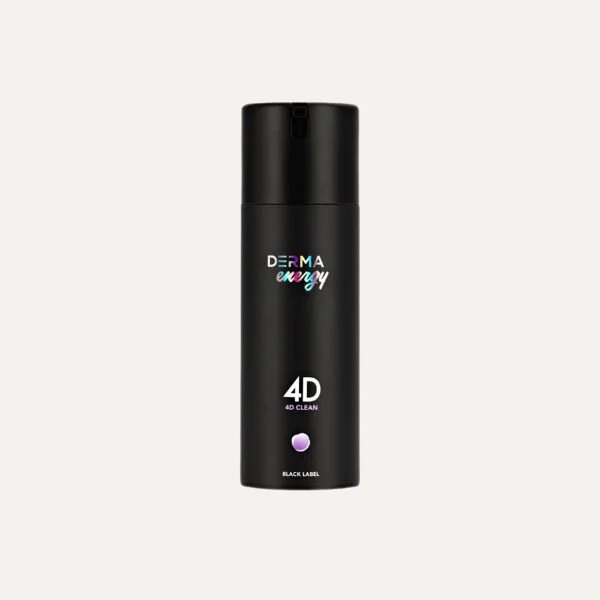 A black cylindrical bottle of Dermary 4D Clean facial cleanser with a pump top and colorful branding on a plain white background.
