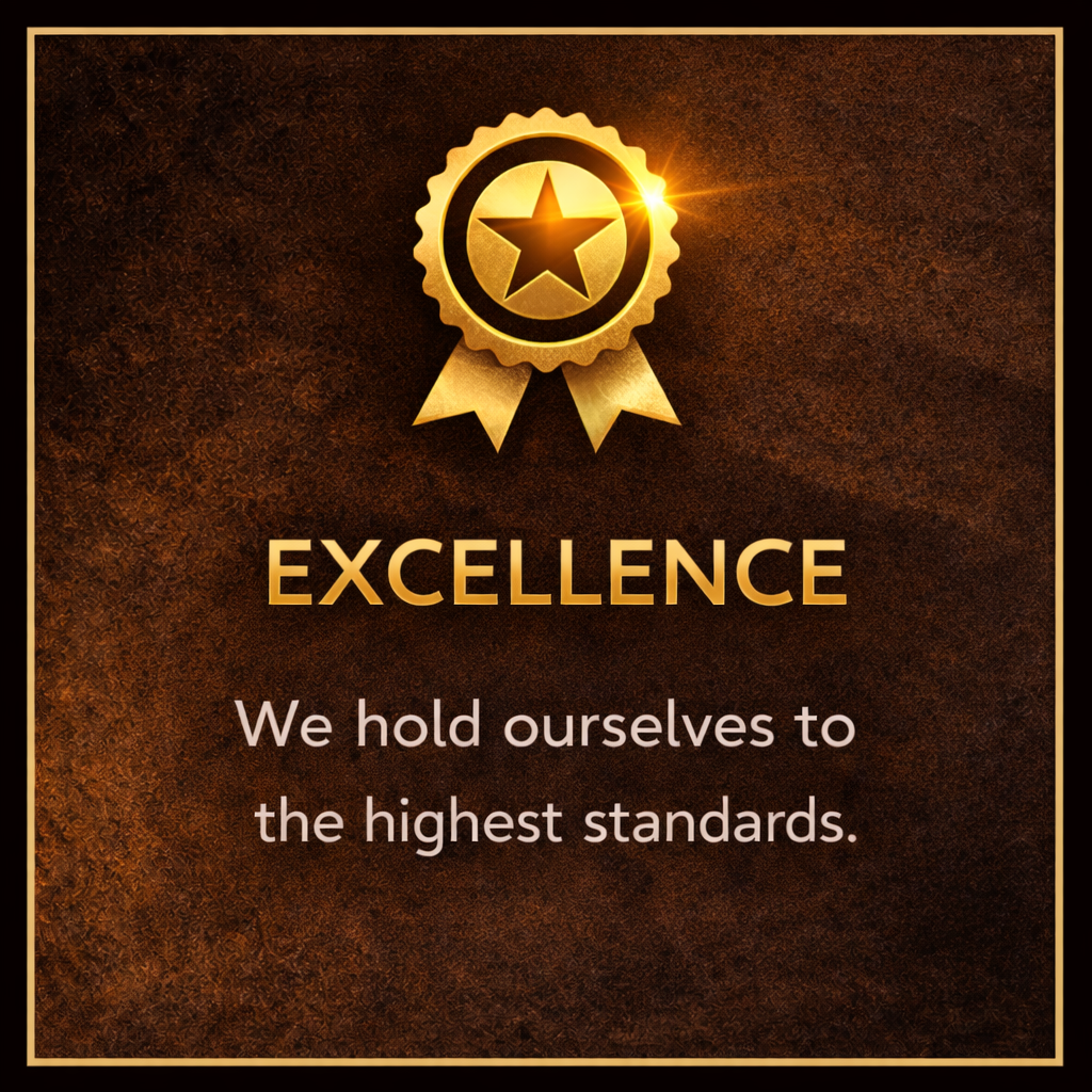 A gold medal emblem with a star in the center and a ribbon below, on a dark textured background. The text reads: 'EXCELLENCE. We hold ourselves to the highest standards.'