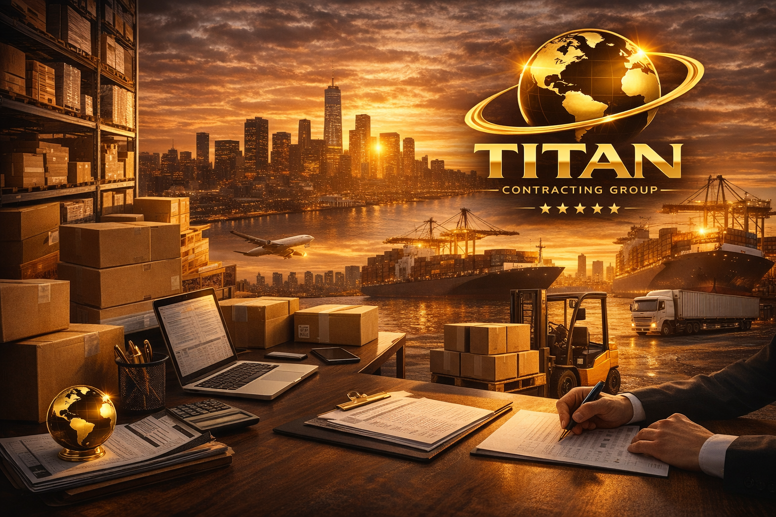 A busy warehouse office filled with boxes, a laptop, and paperwork, overlooking a city skyline at sunset with ships, containers, and an airplane by the water, branded with the Titan Contracting Group logo.