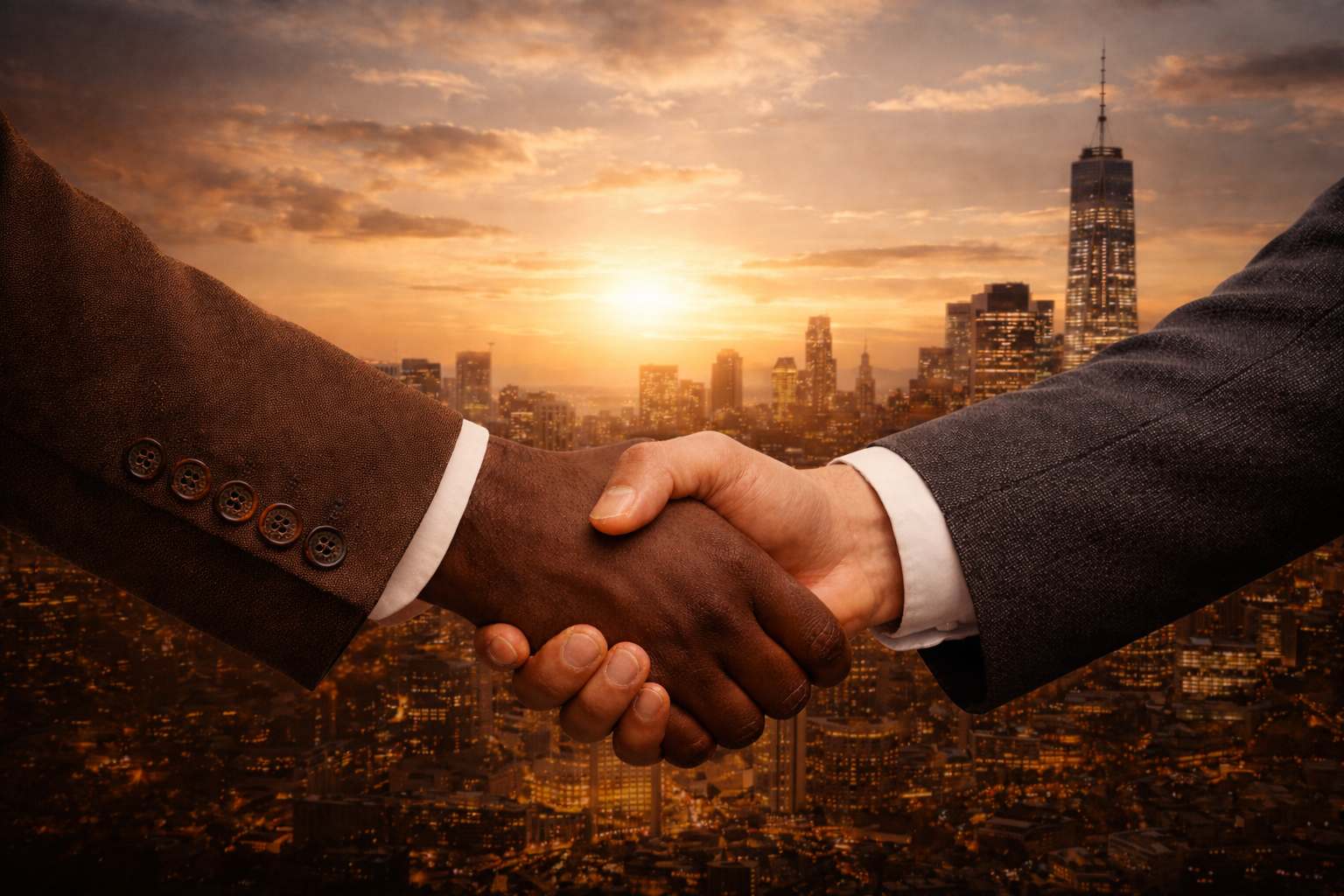 Two men shaking hands in front of a city skyline at sunset, one wearing a brown suit and the other wearing a gray suit.