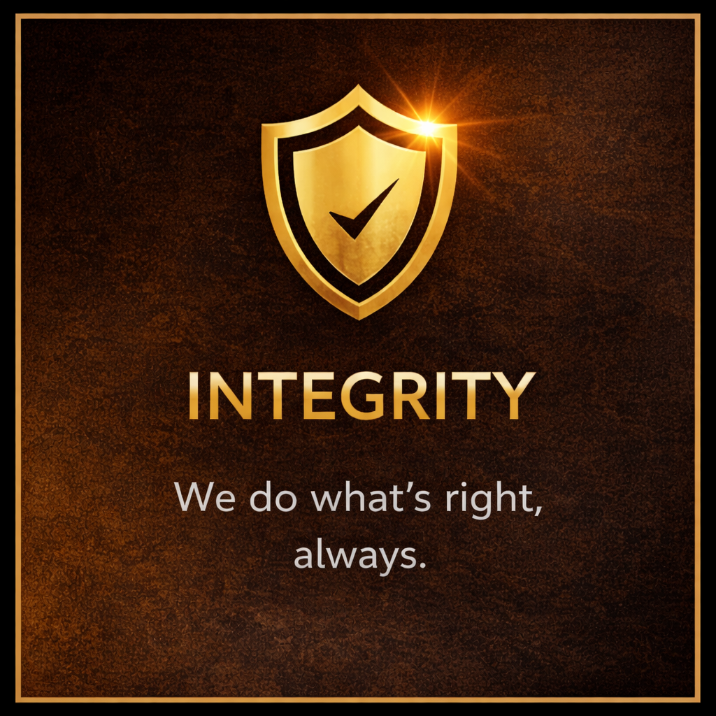 A gold shield with a checkmark and a bright starburst effect at the top right, with the word 'INTEGRITY' in large gold letters below, and the phrase 'We do what's right, always.' beneath that on a dark textured background.