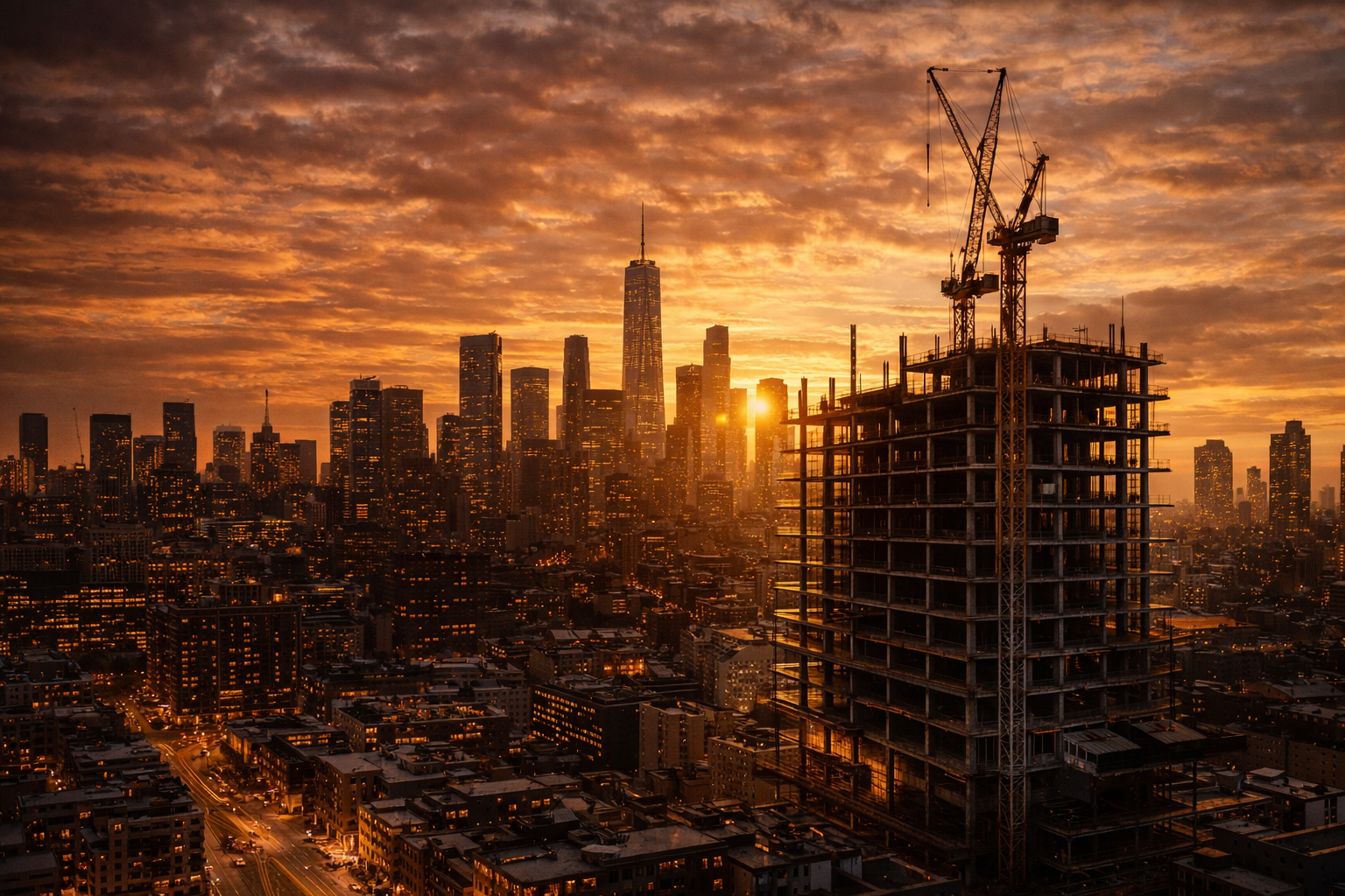 Sunset over a city skyline with a tall building under construction and construction cranes in the foreground.