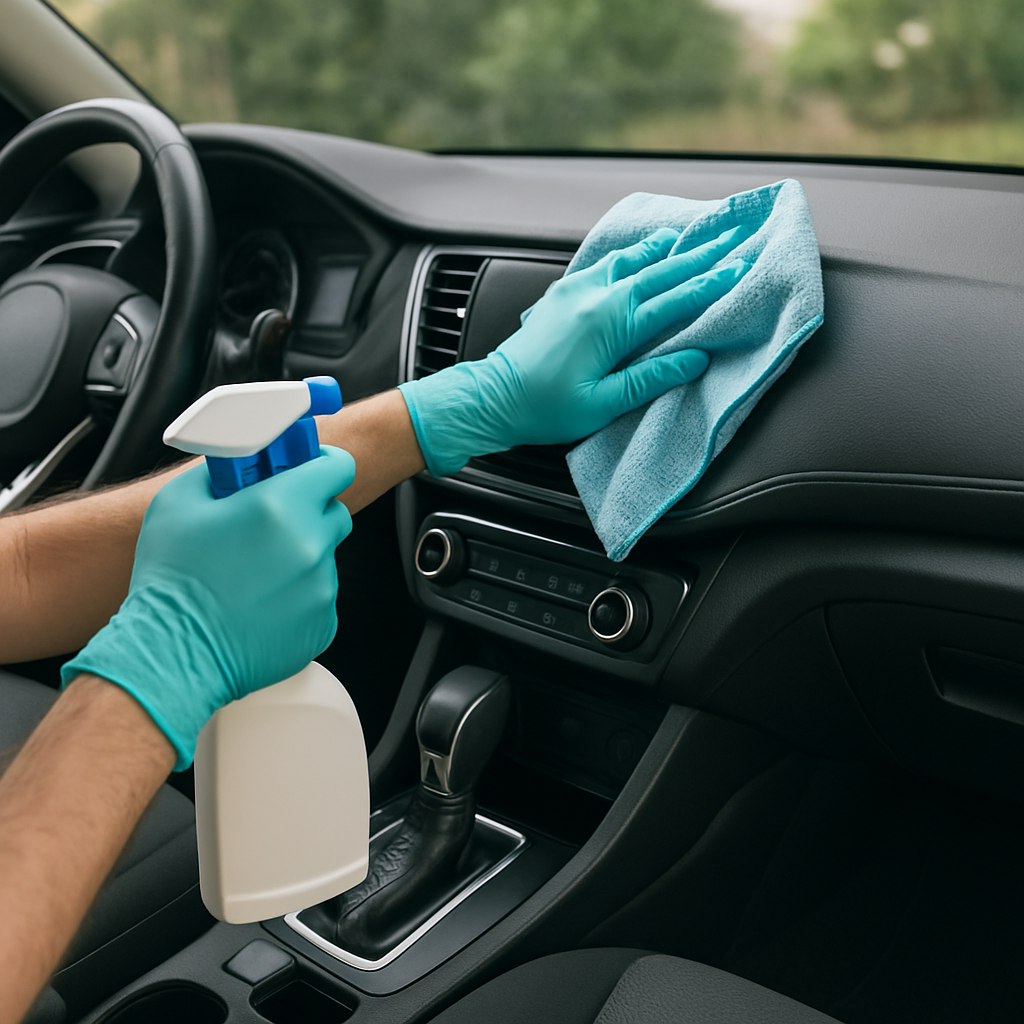 Someone wearing teal gloves cleaning the dashboard of a car with a blue cloth and a spray bottle.