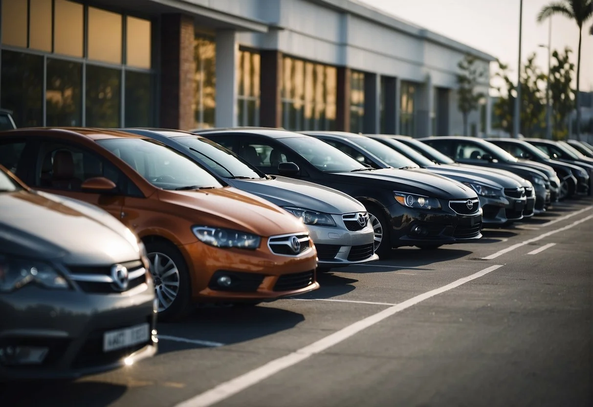 Line of parked cars in a parking lot outside a building at sunset.