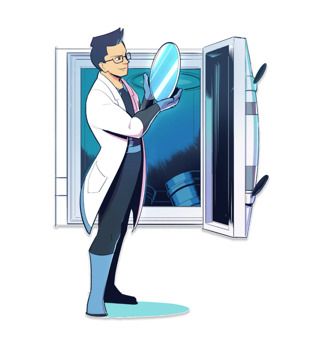 Super-Optics Hero, Cartoon scientist in a white lab coat examining a large petri dish or glass container with a fingerprint visible inside, standing next to a scientific refrigerator with its door open.