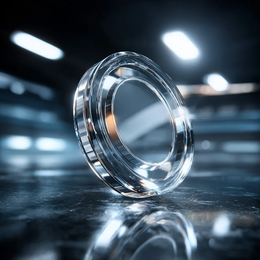 A clear, circular glass hockey puck on a reflective surface in a dimly lit setting.