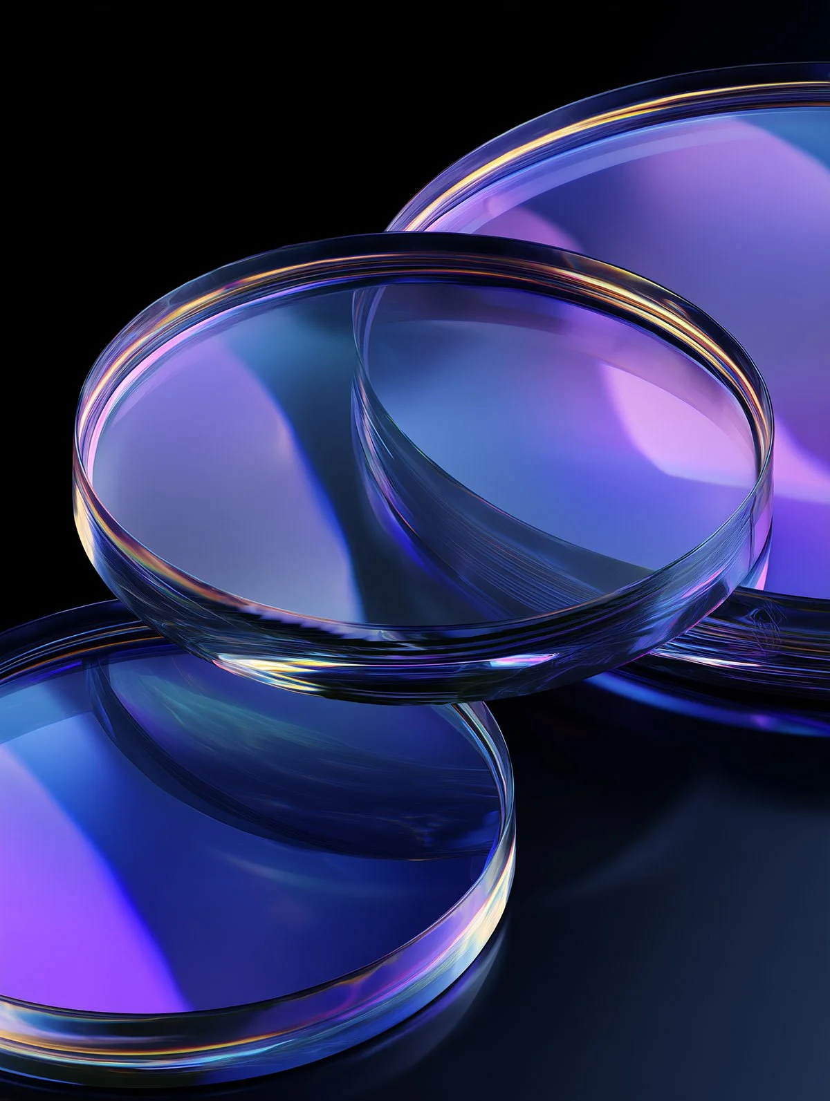 Close-up of three iridescent, circular, optical lens with a black background.