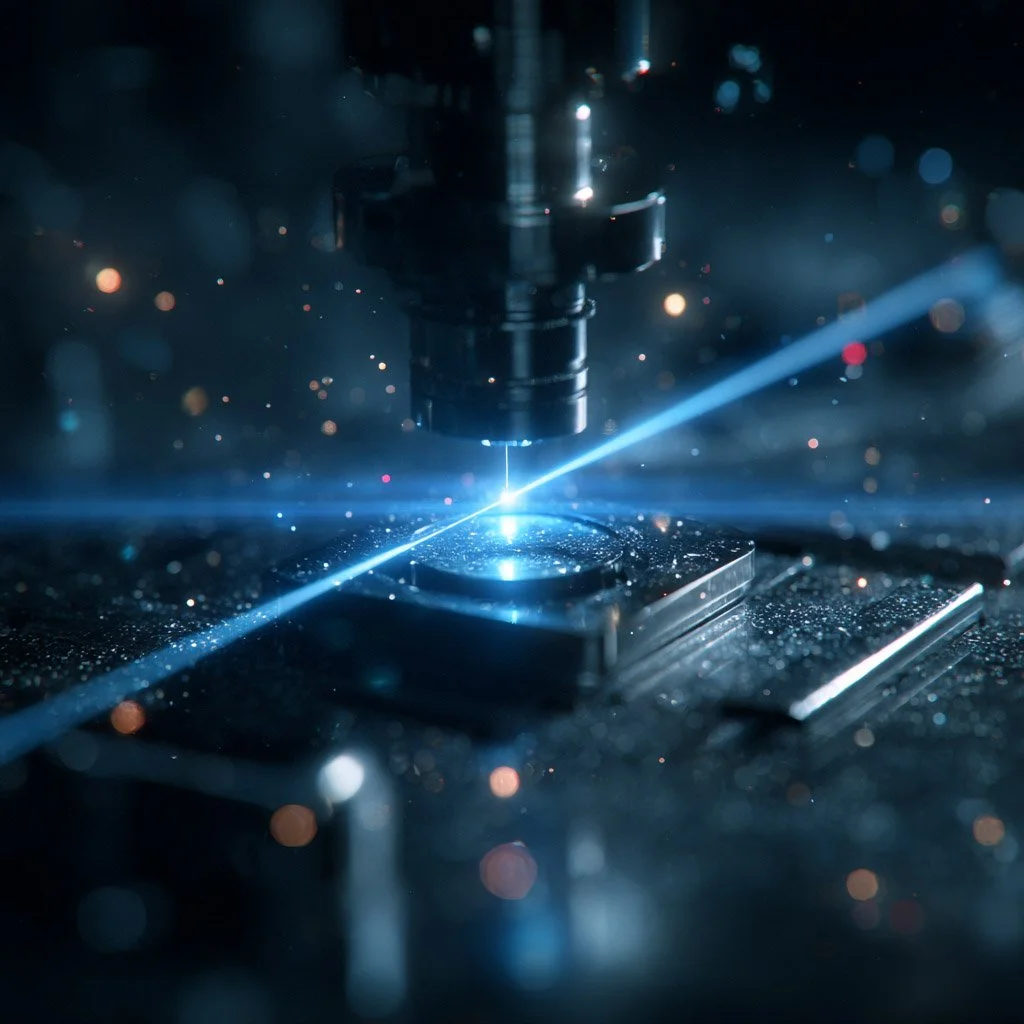 Close-up of a laser welding process in a manufacturing setting, with sparks and bright blue laser beam.