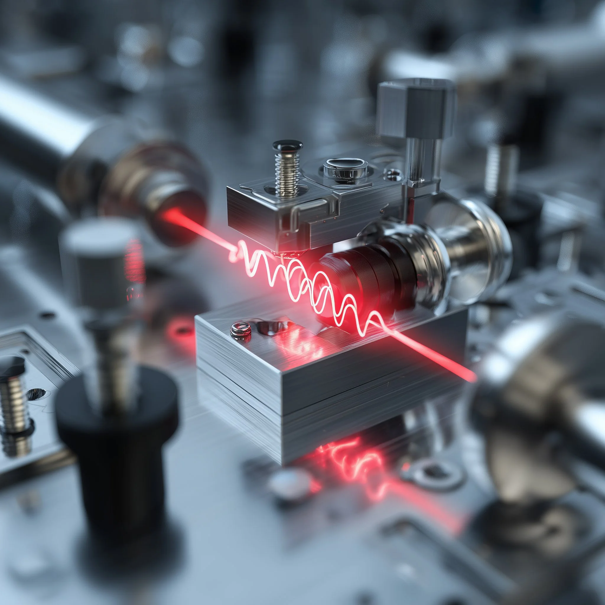 Close-up of a scientific instrument with a red laser beam and a wave pattern projected onto a metallic surface.