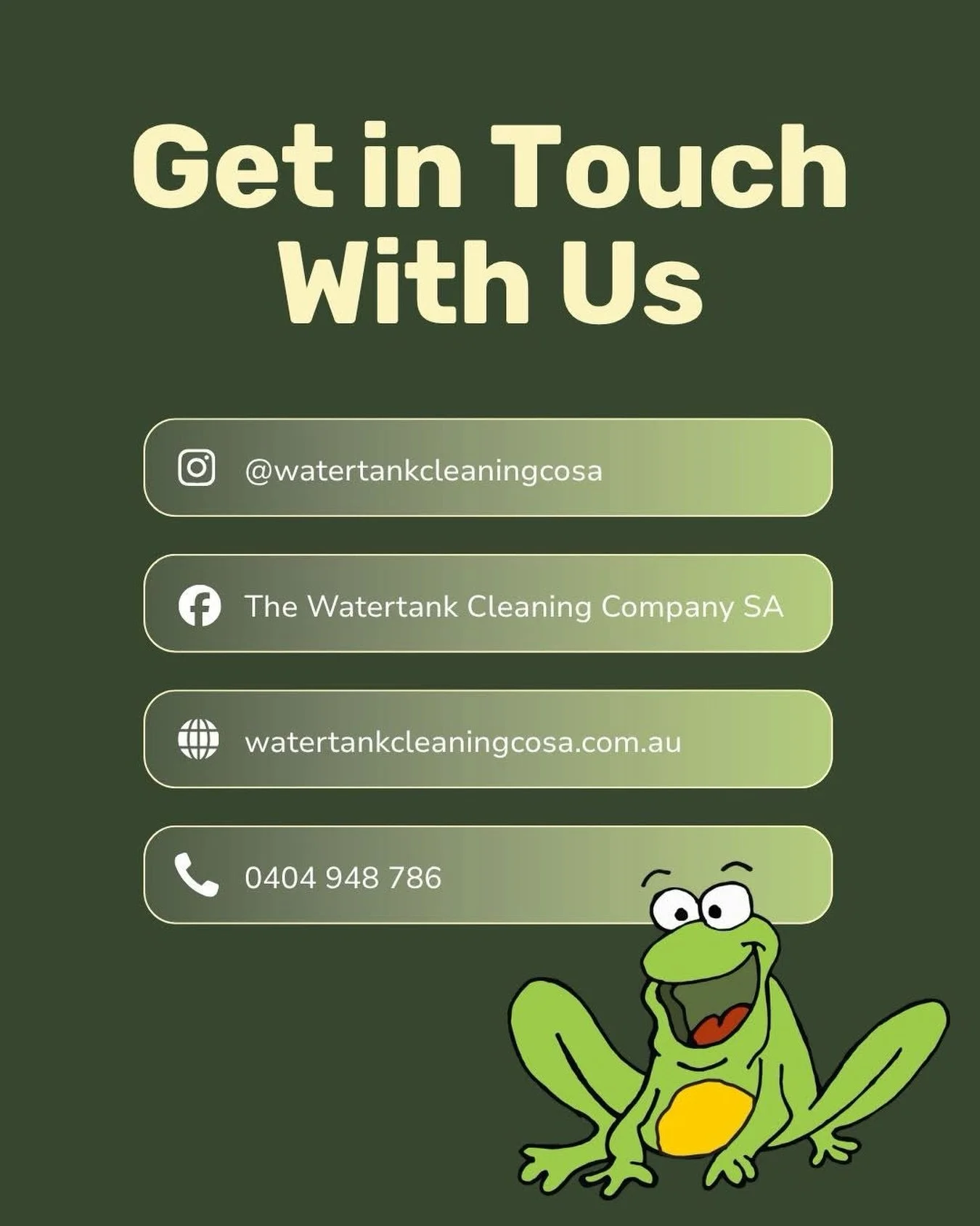 Need your tank cleaned before winter?💧

The 𝐖𝐚𝐭𝐞𝐫𝐭𝐚𝐧𝐤 𝐂𝐥𝐞𝐚𝐧𝐢𝐧𝐠 𝐂𝐨𝐦𝐩𝐚𝐧𝐲 𝐒𝐀 is here to help with reliable water tank cleaning, sanitising and maintenance across the Fleurieu and surrounding areas.

Get in touch with us today 