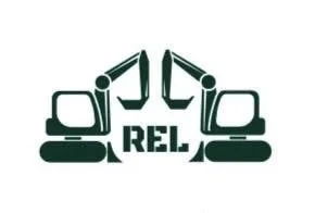 Silhouette of two excavators facing each other with their arms forming a heart shape, with the word 'REL' beneath them.