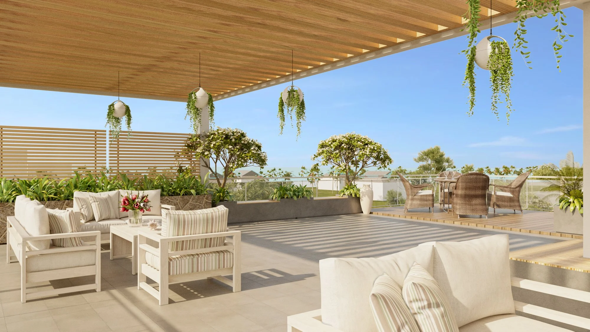 custom photorealistic 3D interior rendering of coastal modern rooftop deck, Indian Rocks Beach, Fl