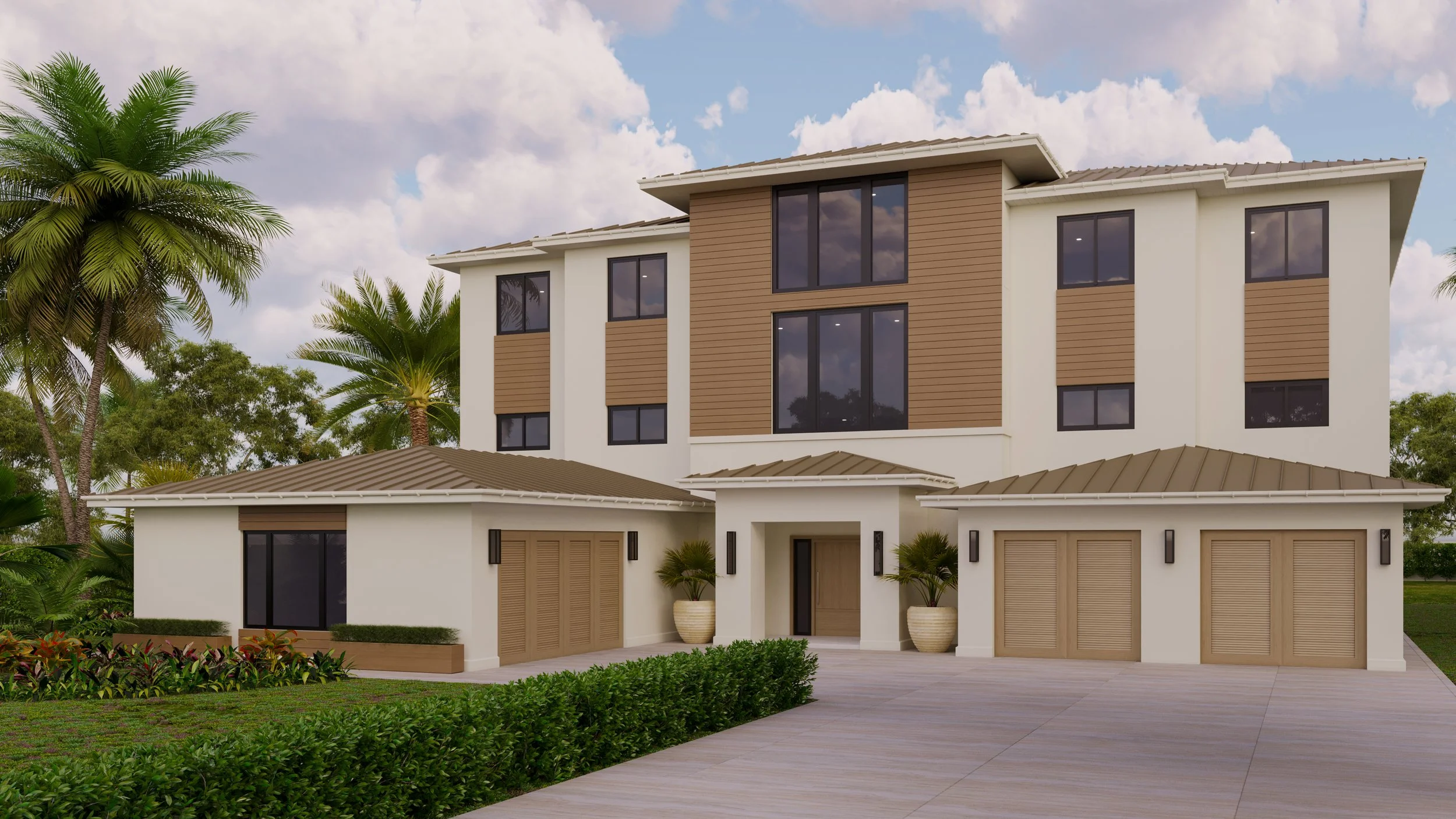 A modern multi-story house with a flat roof, beige and white exterior walls, and large black-framed windows, surrounded by palm trees and a landscaped yard.