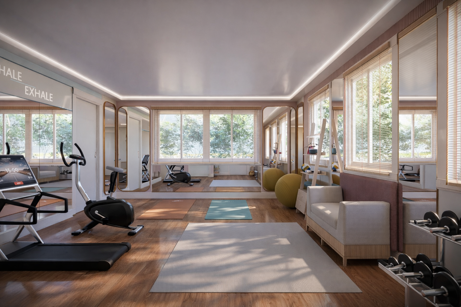 A custom photorealistic rendering of a modern home gym, Hyde Park, Florida