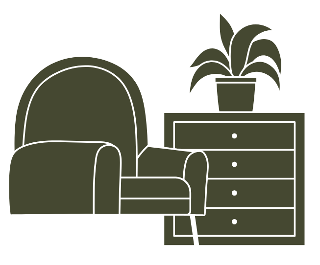 Line drawing of an armchair next to a bedside table with a potted plant on top.