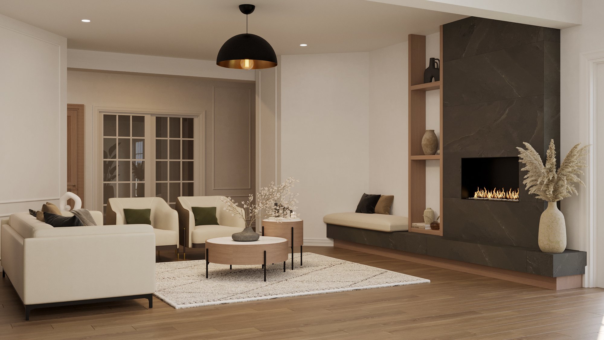 custom photorealistic 3D interior rendering of modern Potomac, MD basement