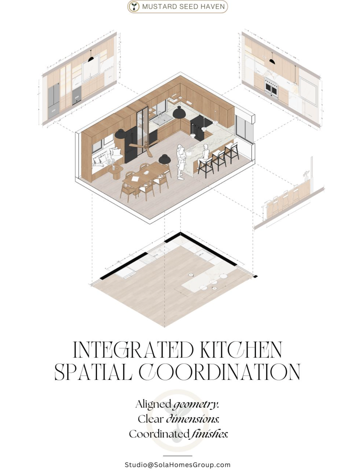 Diagram of an integrated kitchen design showing various views and layouts, including a central kitchen area with an island, dining space, and wall-mounted cabinetry. The diagram emphasizes spatial coordination, geometry, dimensions, and finishes.
