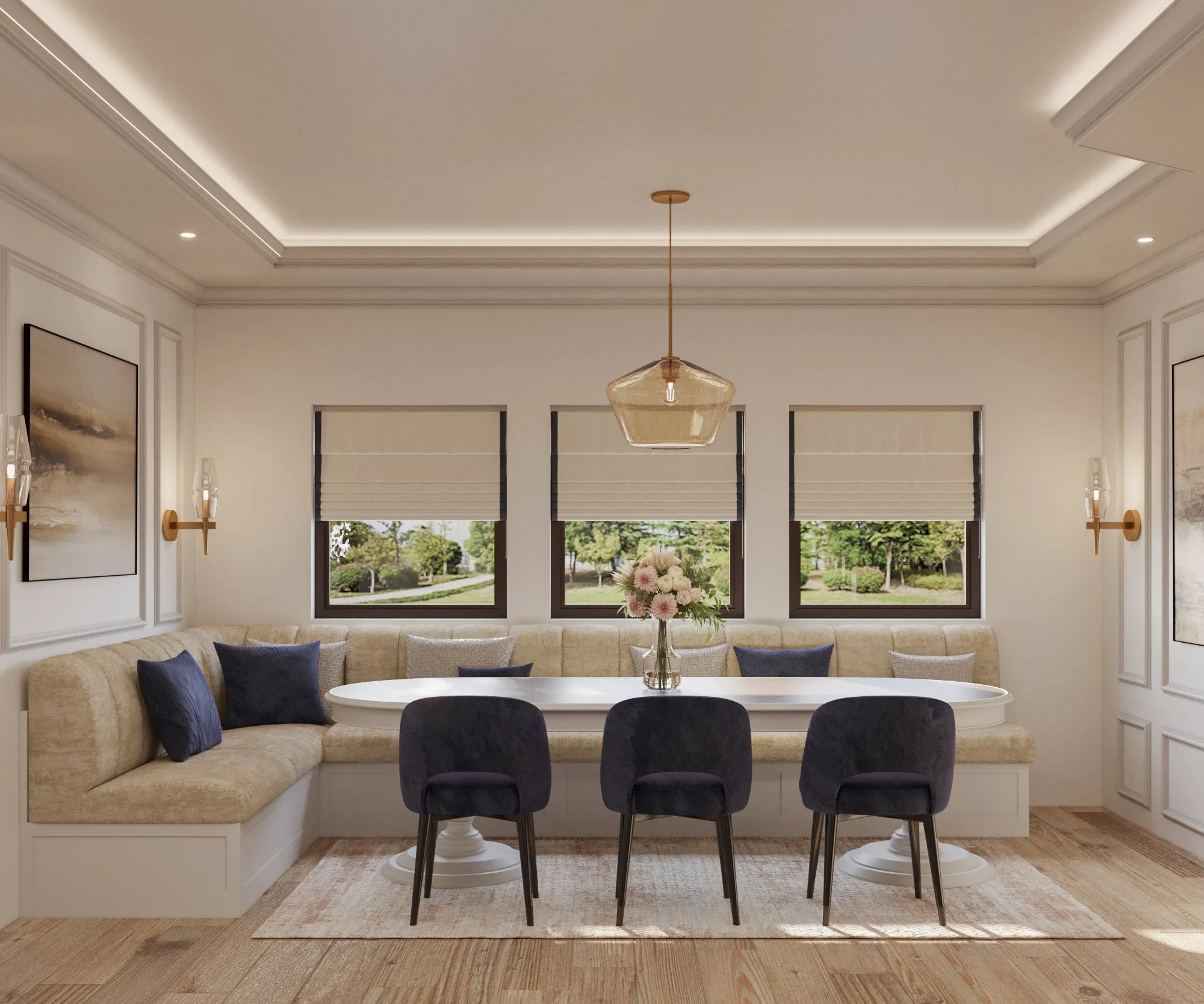 photorealistic 3D interior rendering of traditional Tampa dining space, virtual design
