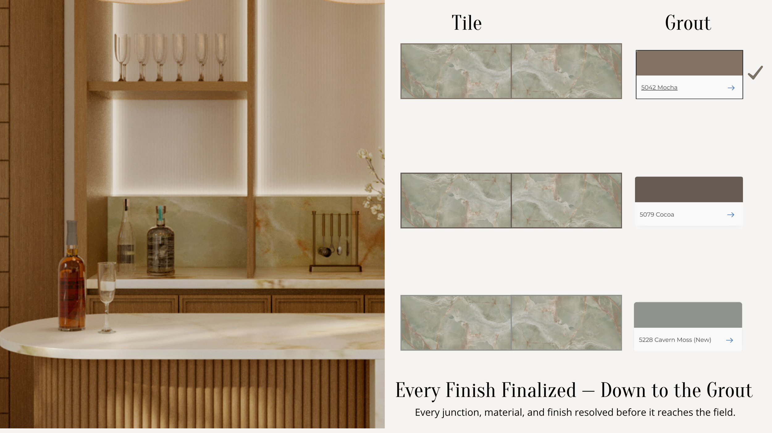 Display with samples of tile and grout colors for interior design, including Mocha, Cocoa, and Cavern Moss, alongside a kitchen or bar area with bottles and glasses on a countertop.