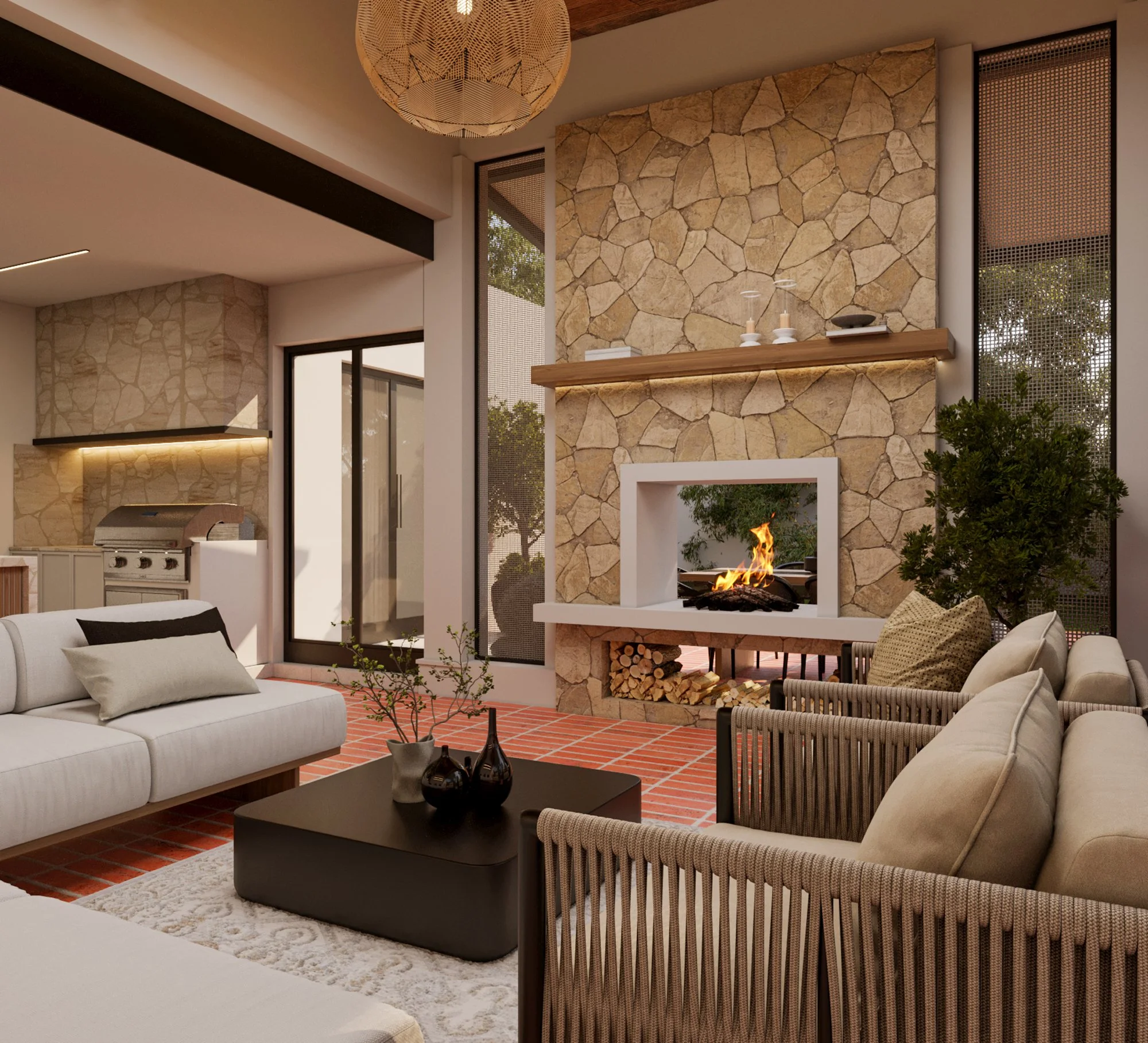 A custom photorealistic rendering of a organic modern backyard, Florida