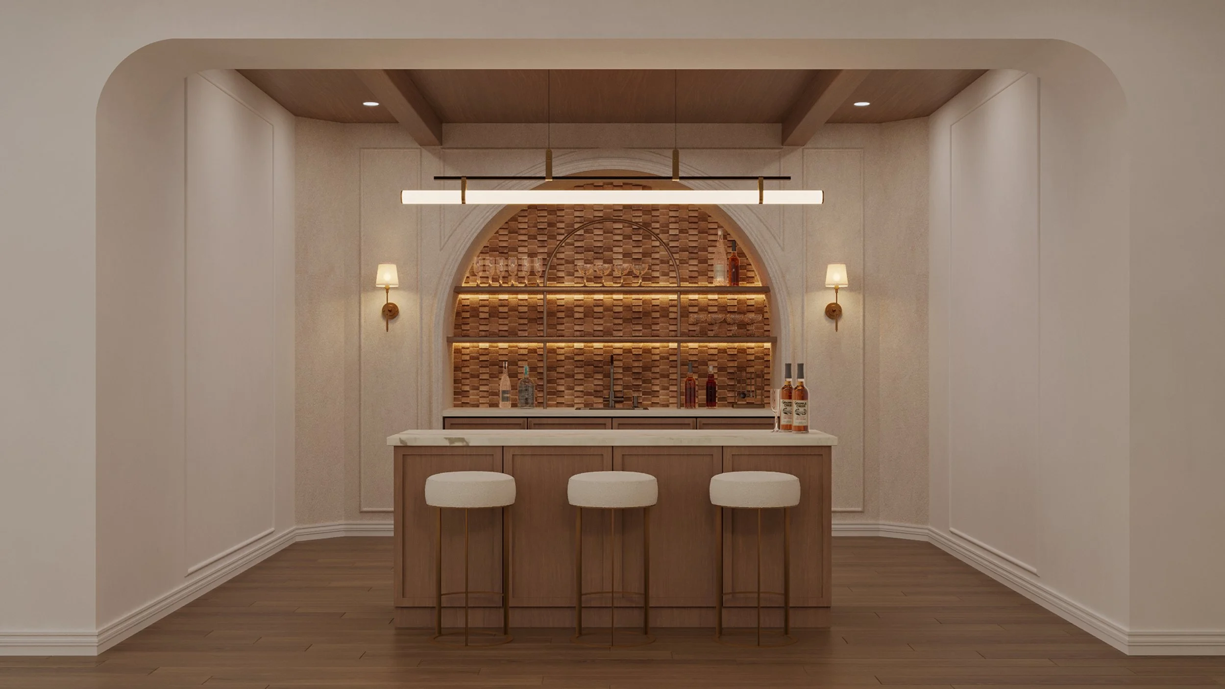 custom photorealistic 3D interior rendering of modern Potomac, MD basement