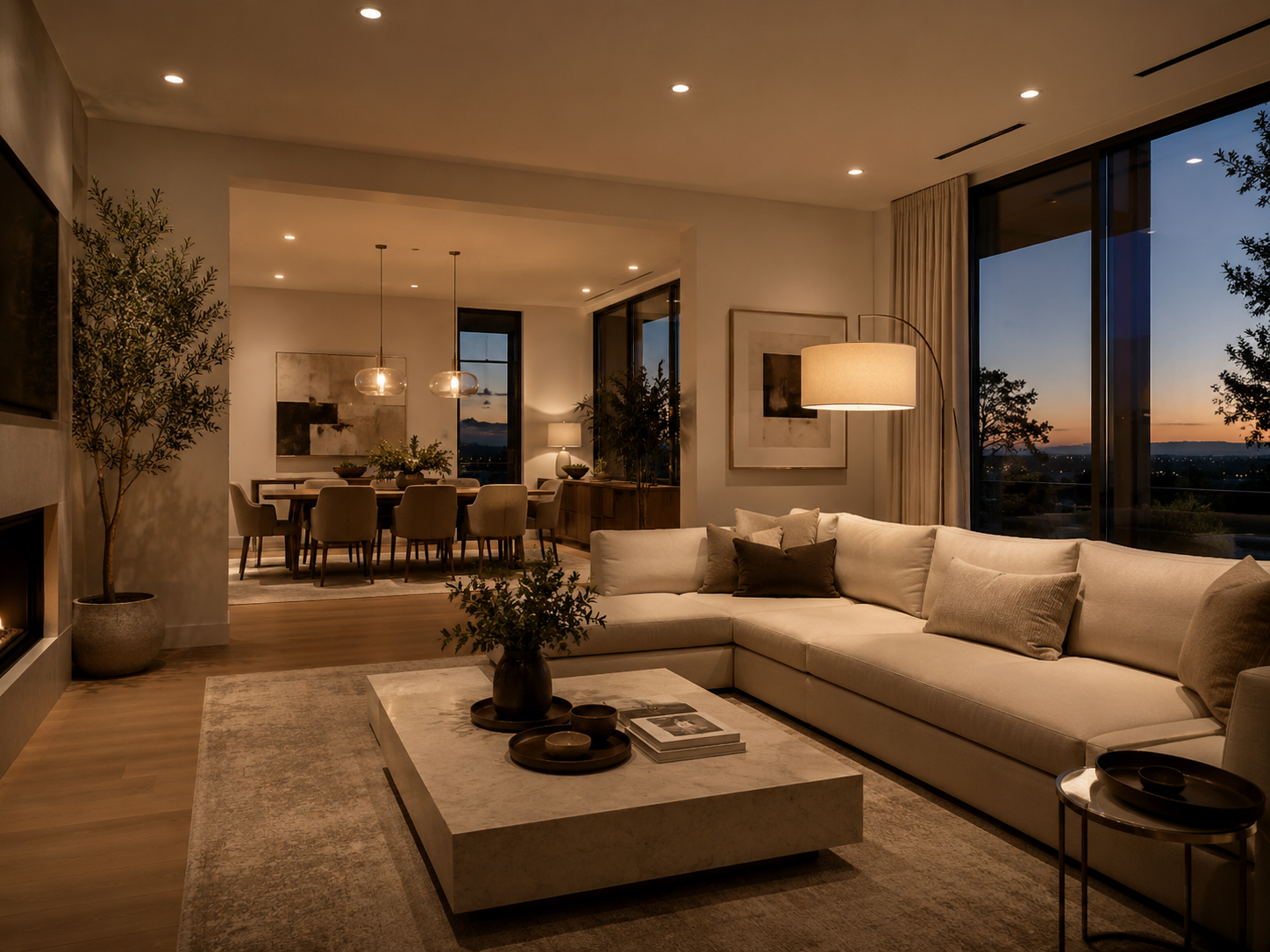 Modern open concept living and dining room at dusk with warm layered lighting, a neutral sectional sofa, marble coffee table, pendant lights, large windows, and soft beige curtains.
