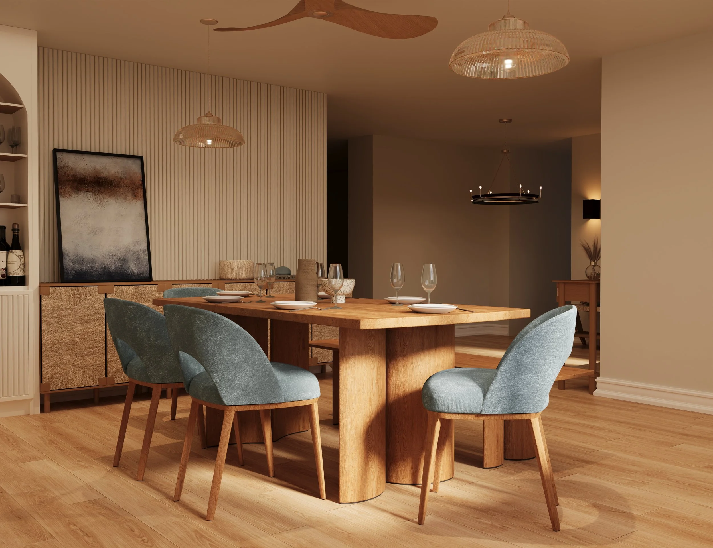 A dining room with a wooden table, six cushioned chairs, a hanging wicker lamp, a ceiling fan, artwork, and shelves with wine glasses.