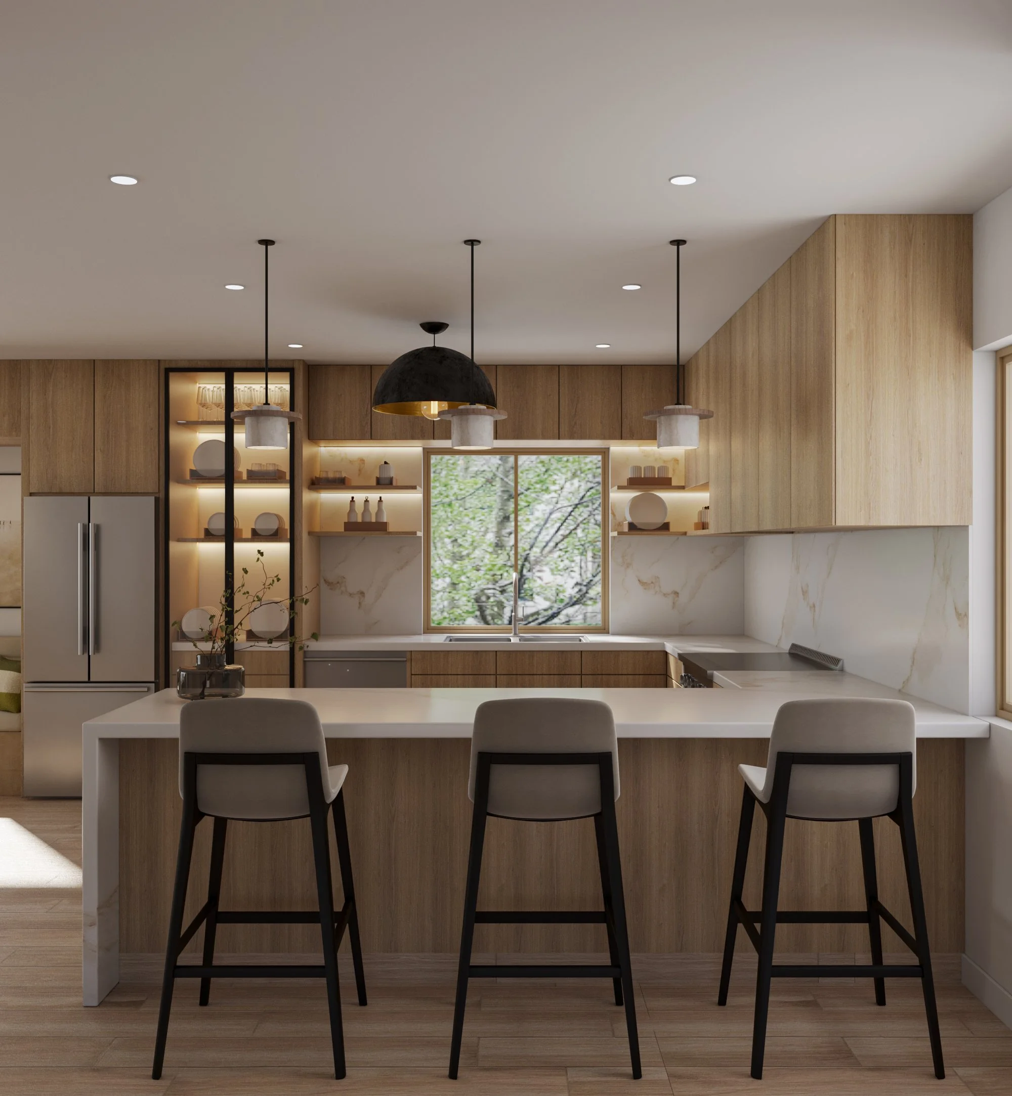 Modern kitchen with wooden cabinets, a white kitchen island, a large window with greenery outside, and black chairs around the island. Three pendant lights hang above the island.