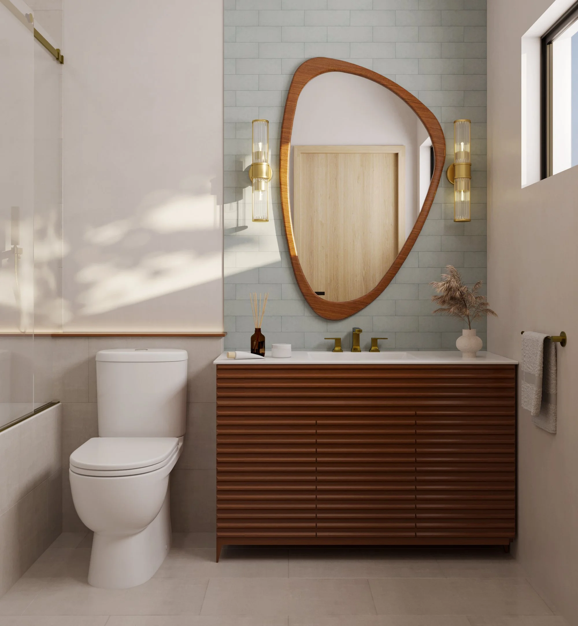 A custom photorealistic rendering of a Coastal modern bathroom, Florida