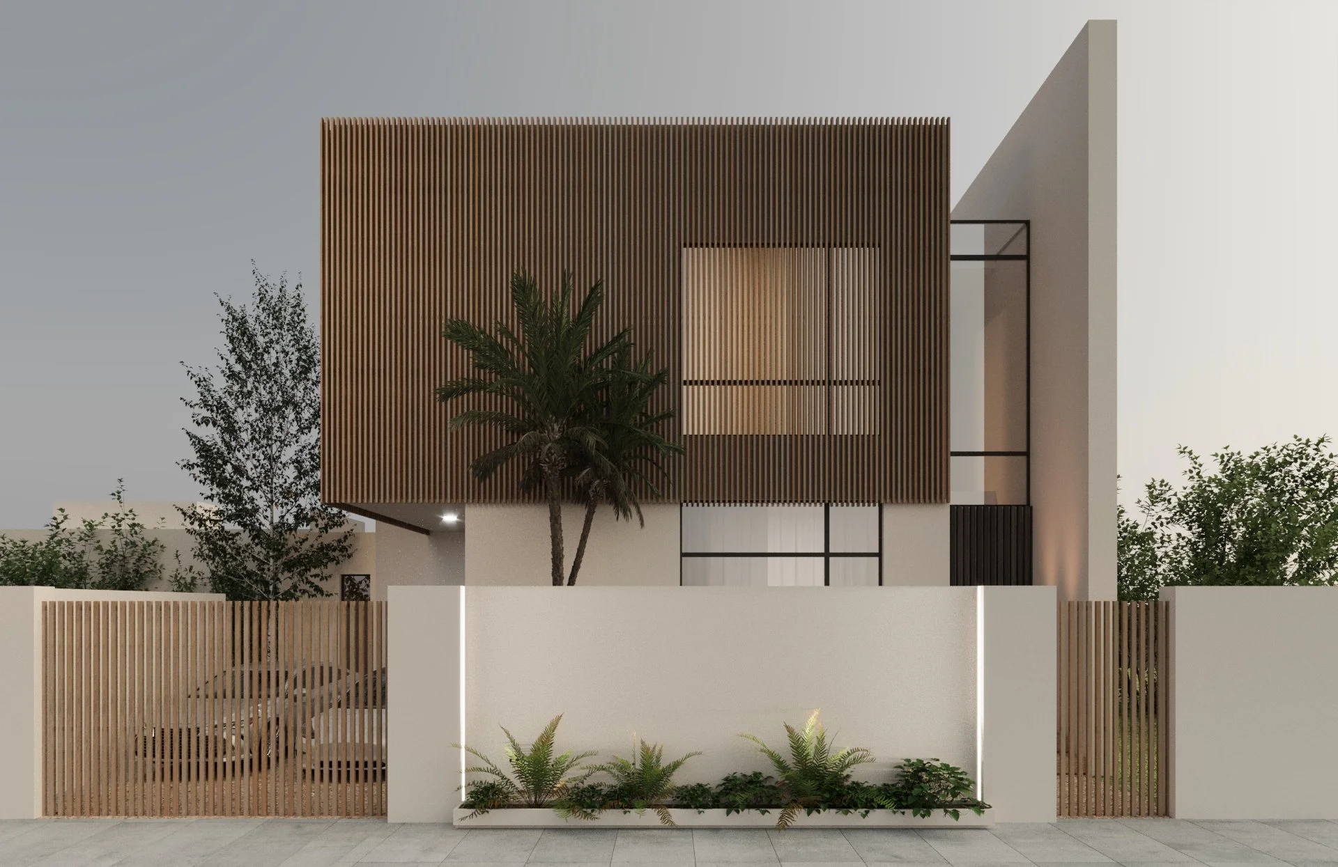 Modern house with wooden slatted facade and palm tree in front, surrounded by a white fence and greenery.