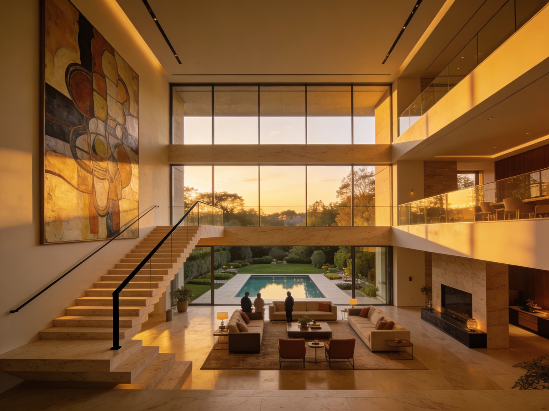 Interior of a modern, luxurious home with large window overlooking a pool and garden, with a staircase on the left and a living area with seating and artwork.