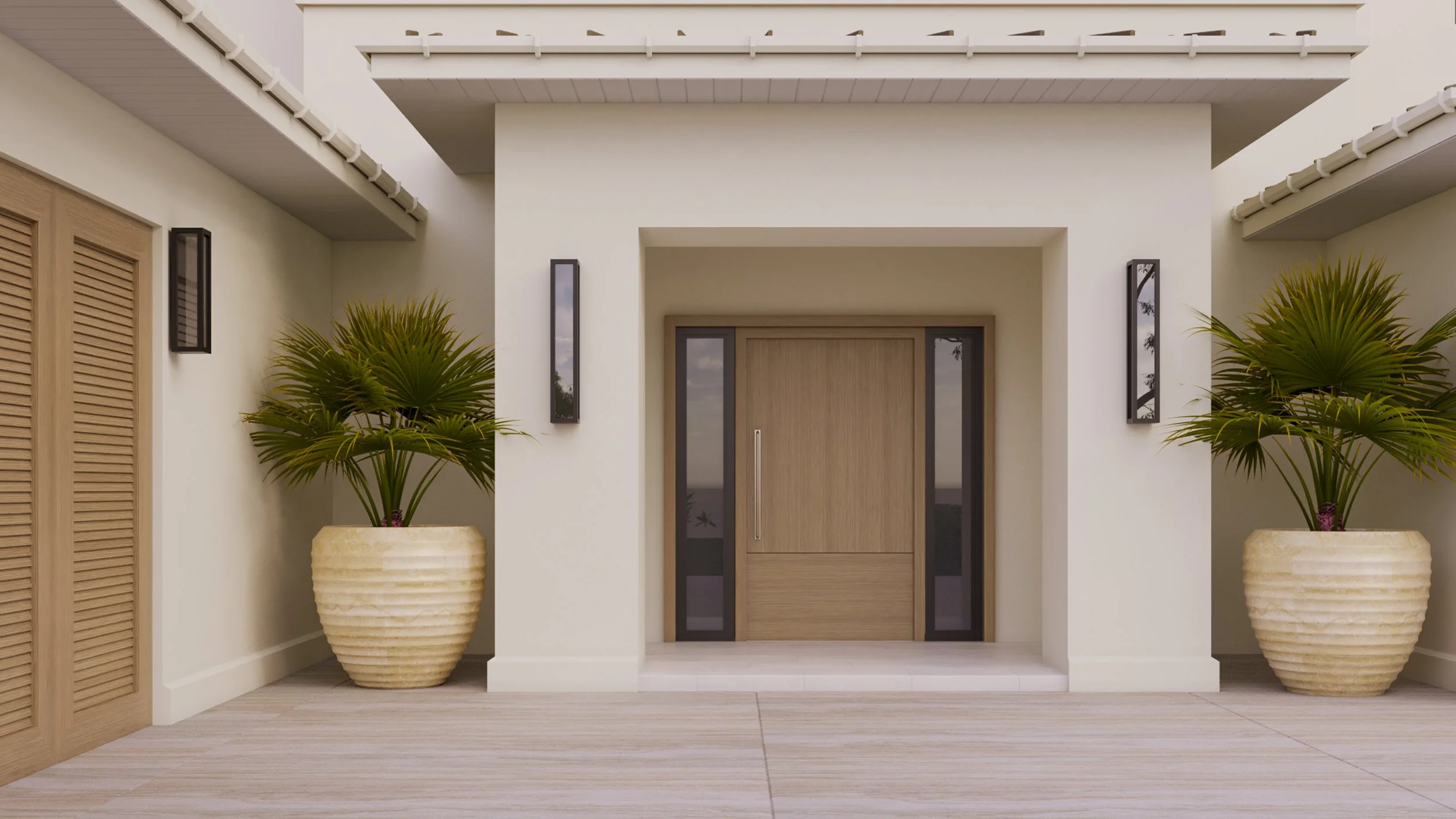 Modern house entrance with large potted plants on either side of a wooden door and two black wall-mounted lights.