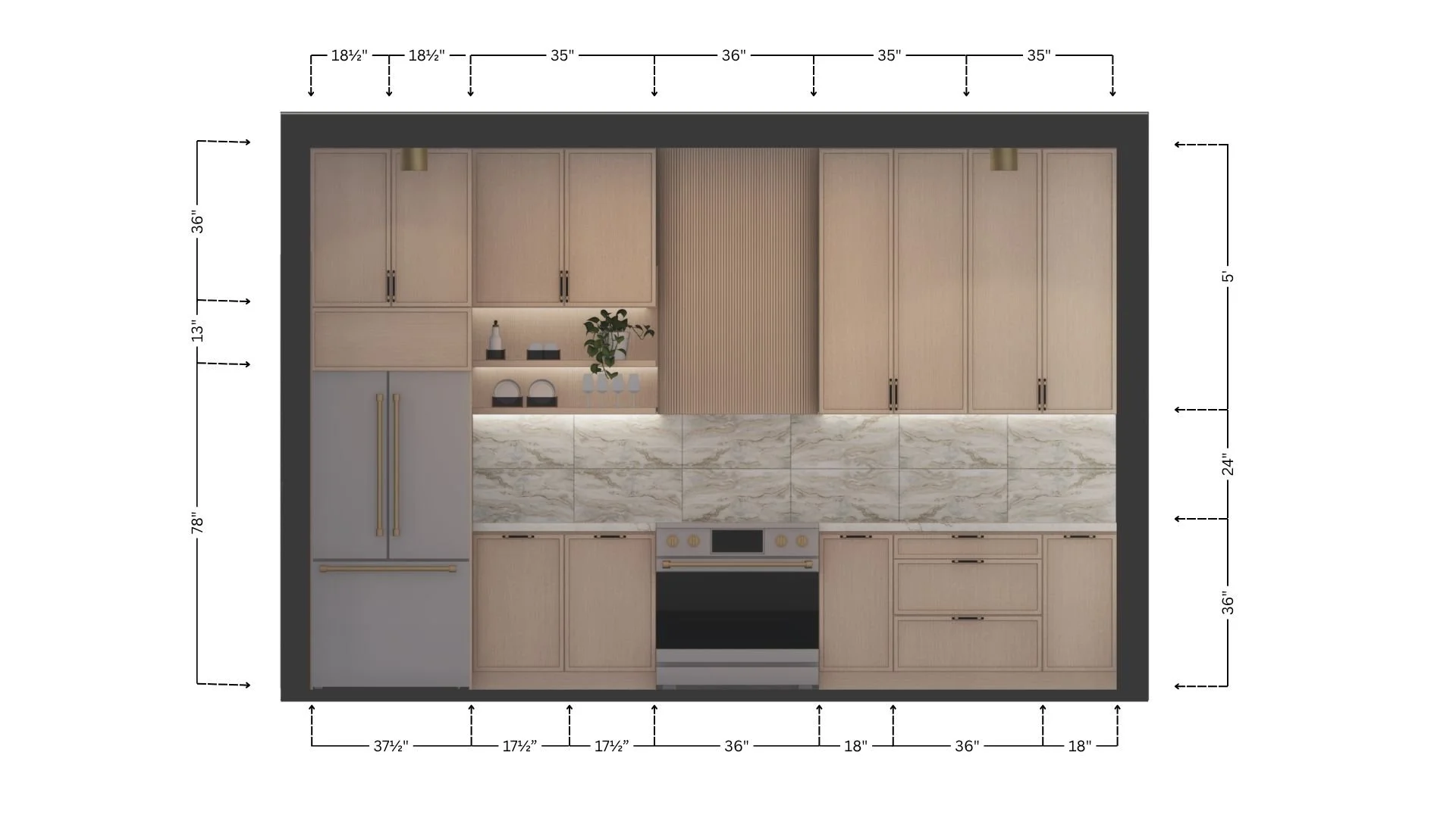 A kitchen design plan showing measurements, wooden cabinets, a marble backsplash, a refrigerator, and an oven.