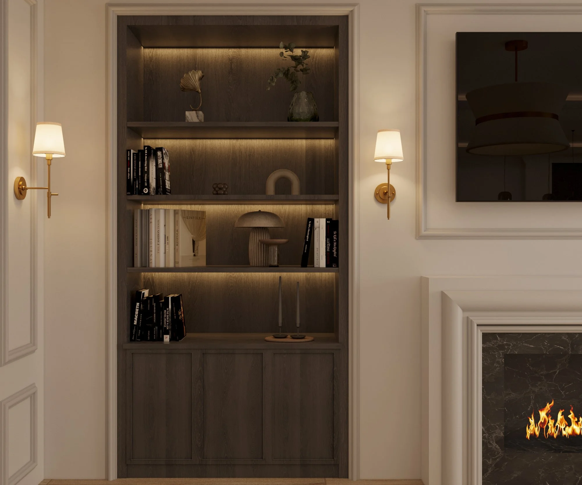 A built-in wood bookshelf with decorative items and books, flanked by wall-mounted lamps, and a flat-screen TV on the right wall in a modern living room.