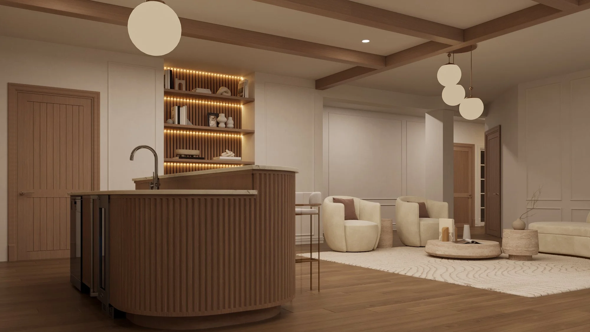 Modern living room with beige chairs, a round coffee table, built-in bookshelves with warm lighting, wooden ceiling beams, and a curved bar with a sink.