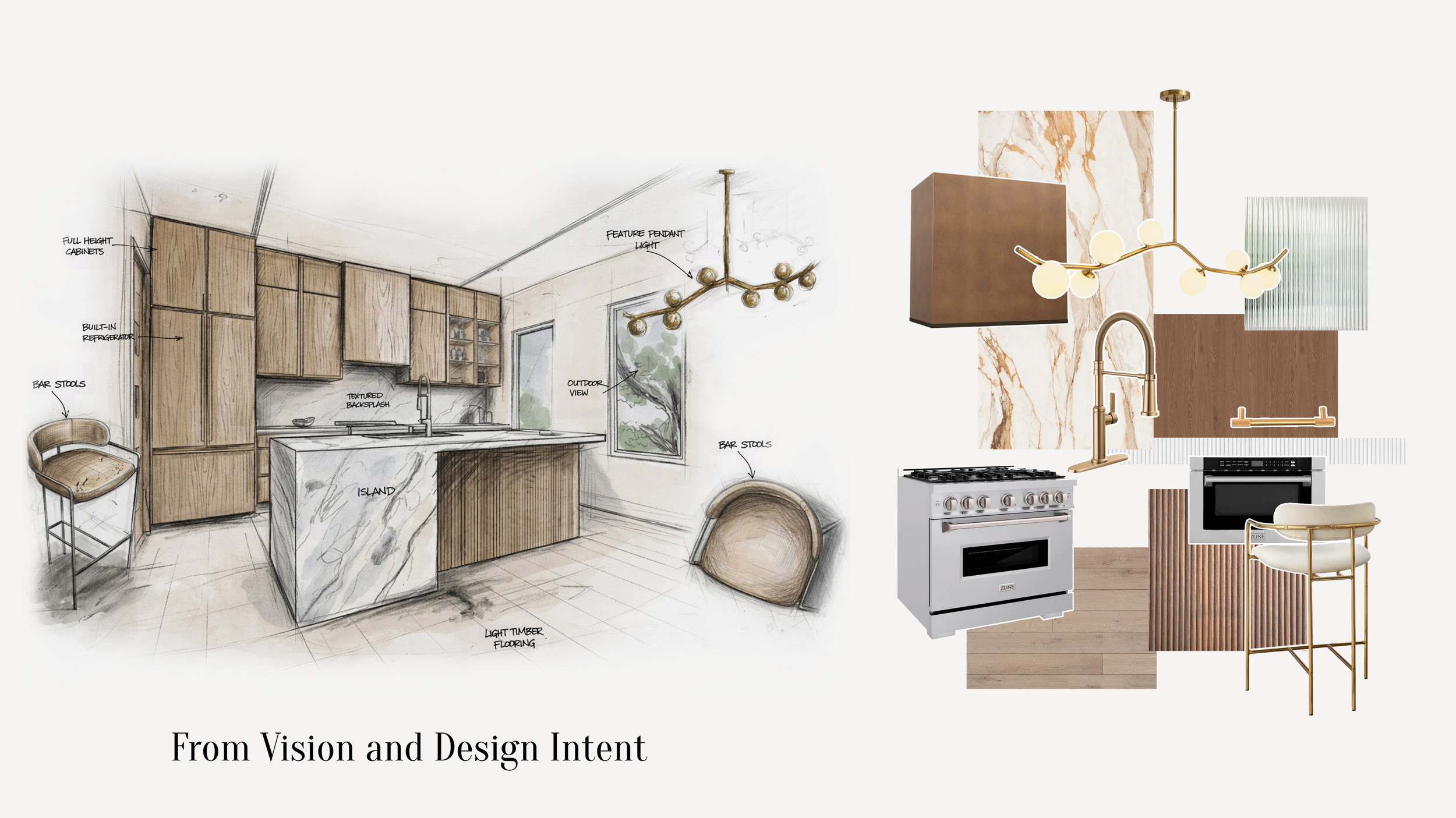 Design plans for a modern kitchen with wooden cabinets, marble island, light timber flooring, and various lighting fixtures, including pendant and chandelier lights.