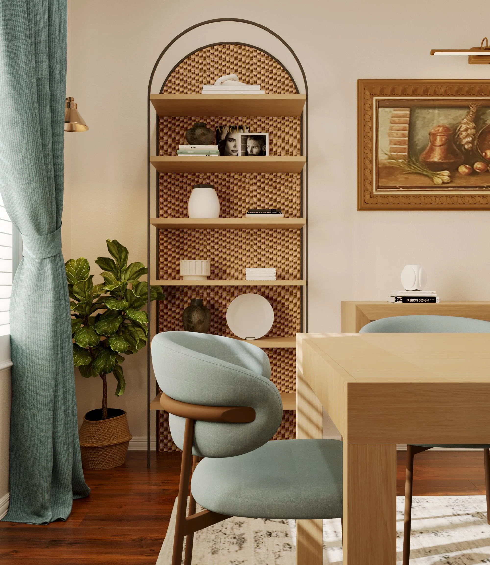 Living room with a blue upholstered chair, a wooden desk, a tall shelving unit with decor items and magazines, a green plant in a wicker basket, and a framed painting on the wall.