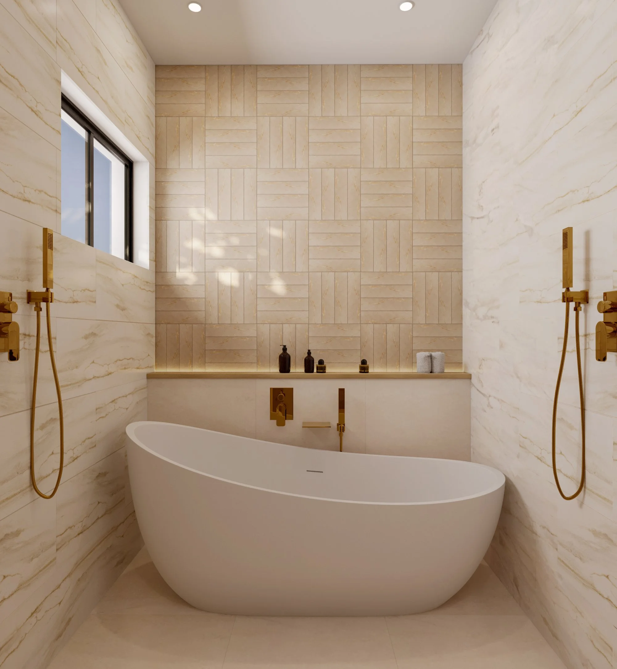 A custom photorealistic rendering of a Coastal modern bathroom, Florida