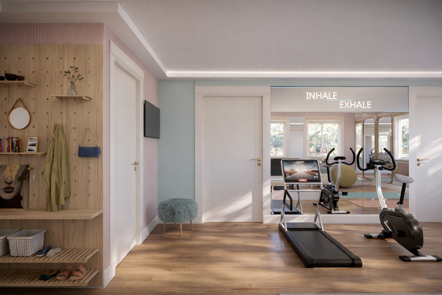 A home gym with a treadmill and exercise bike, large mirror with 'Inhale' and 'Exhale' written, and a room with large windows showing trees outside.