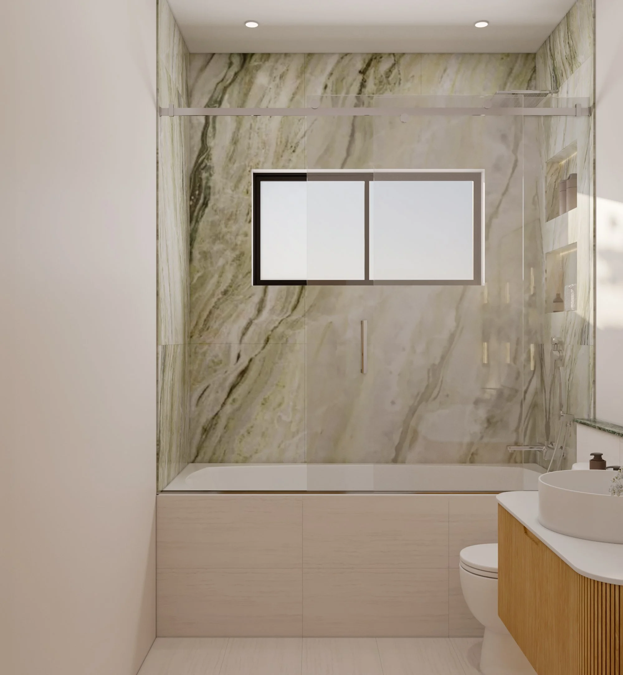 A custom photorealistic rendering of a Coastal modern bathroom, Florida