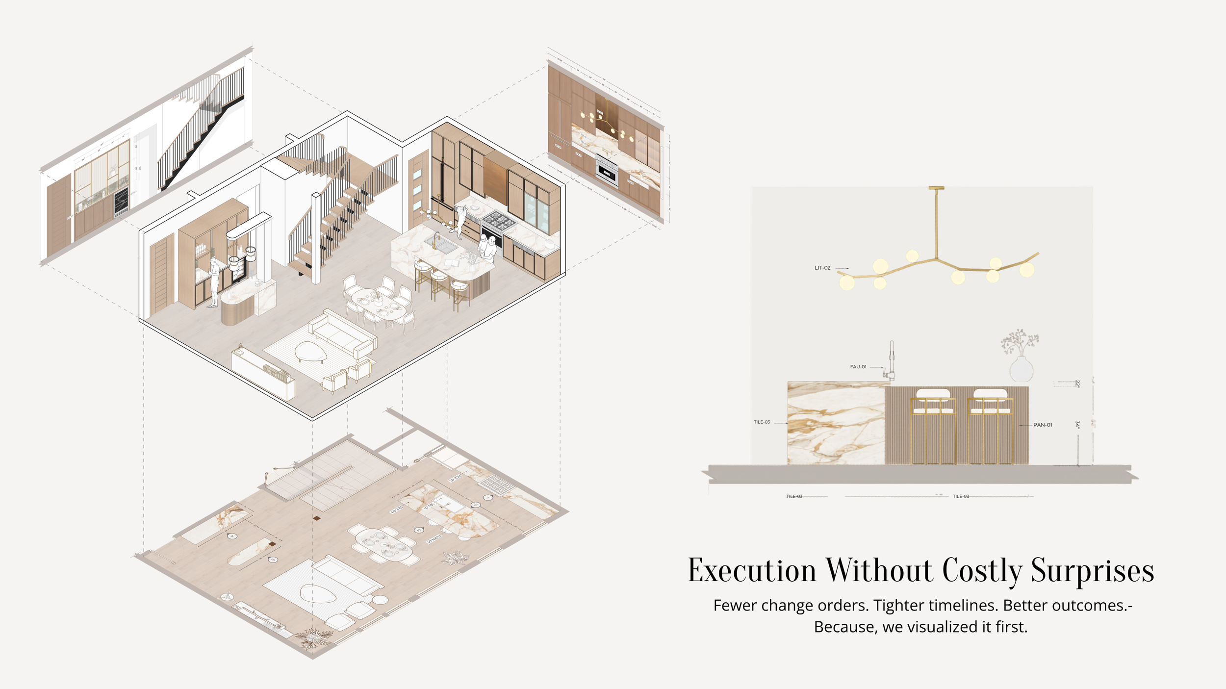 A detailed 3D-rendered architectural floor plan of a modern house, showing multiple levels, rooms, furniture, and fixtures, with an additional section for lighting and wall design details.
