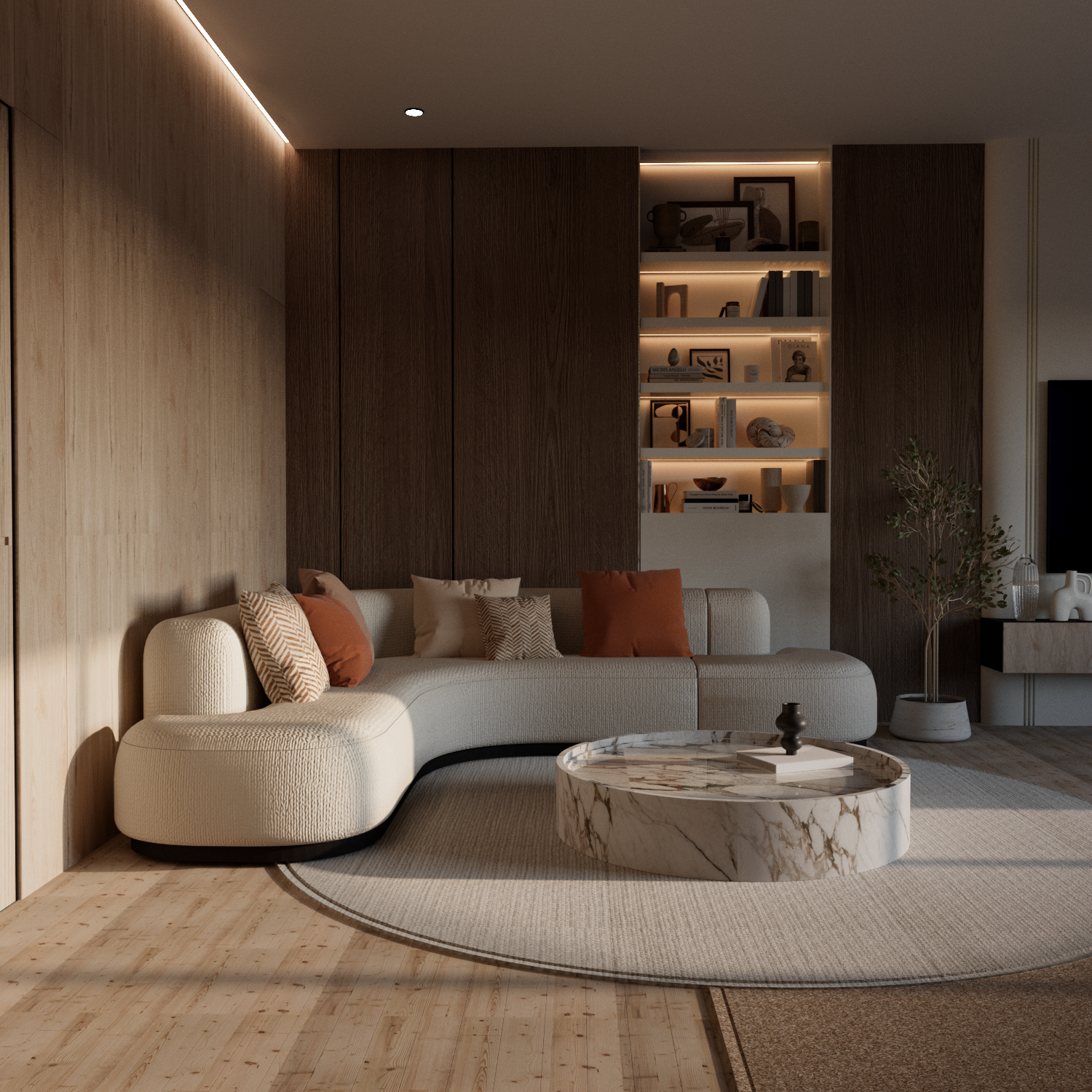 Modern living room with a curved beige sofa decorated with various pillows, a marble coffee table, a wooden bookshelf with warm lighting, a potted plant, and a TV on the right side.