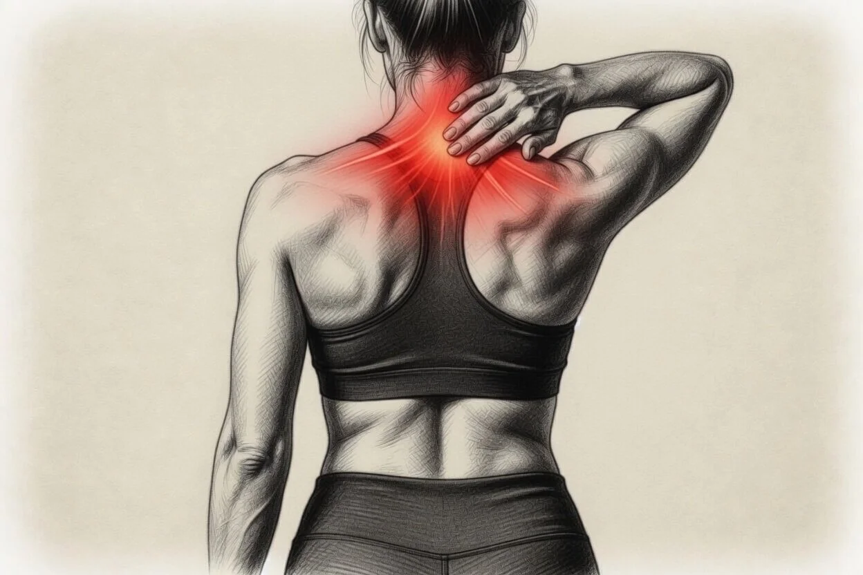 A woman in athletic clothing experiencing neck and shoulder pain, with areas highlighted in red indicating pain or injury.