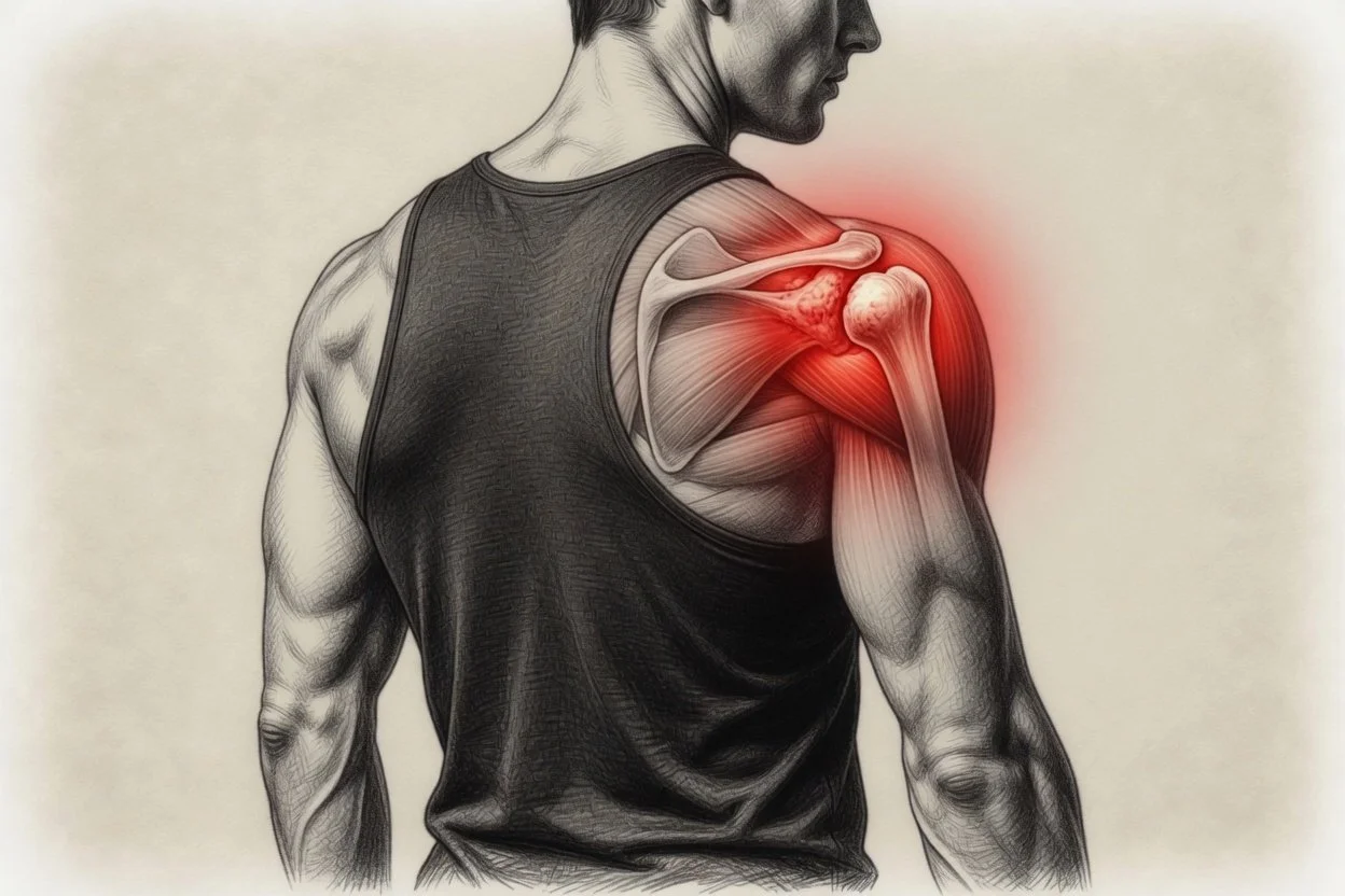 An illustration of a man with a highlighted shoulder joint indicating pain or injury.