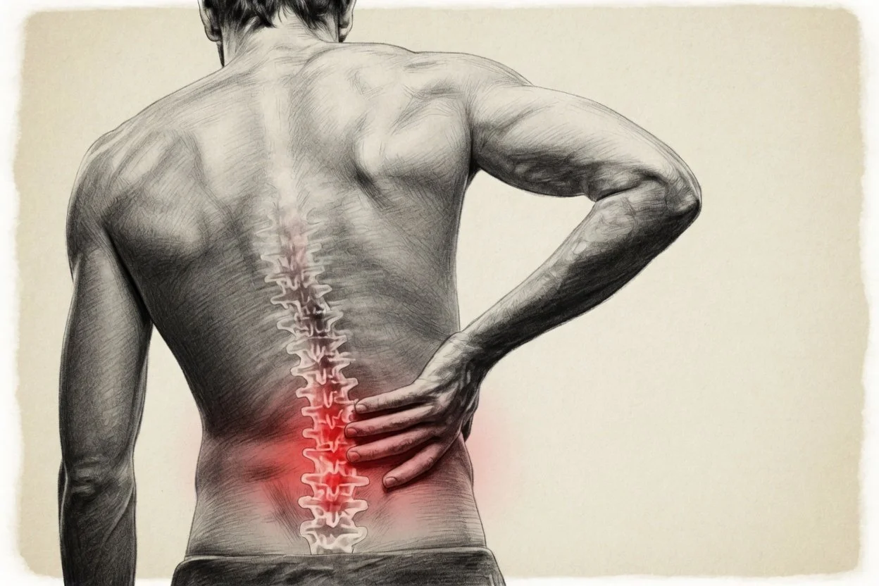 Illustration of a man from the back holding his lower back in pain, with a highlighted red area indicating lower back pain.