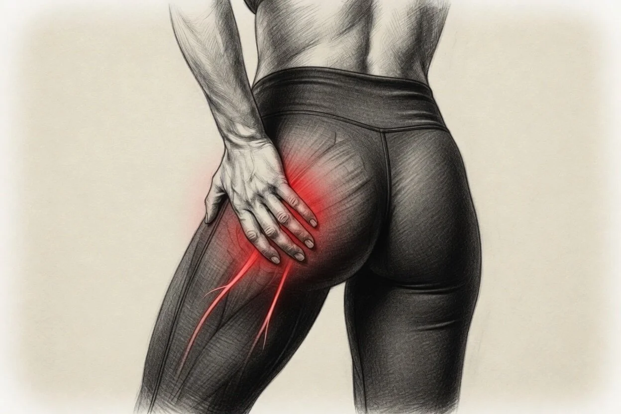 A person with muscular back and legs wearing black athletic leggings, holding their right buttock with their hand, with red highlights indicating pain or injury in the buttock and thigh area.