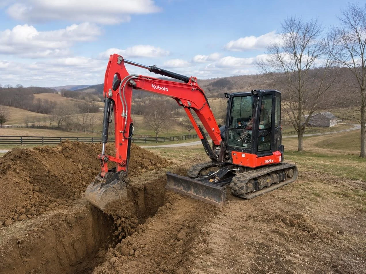 Excavator trenching for underground utility installation in Central Kentucky