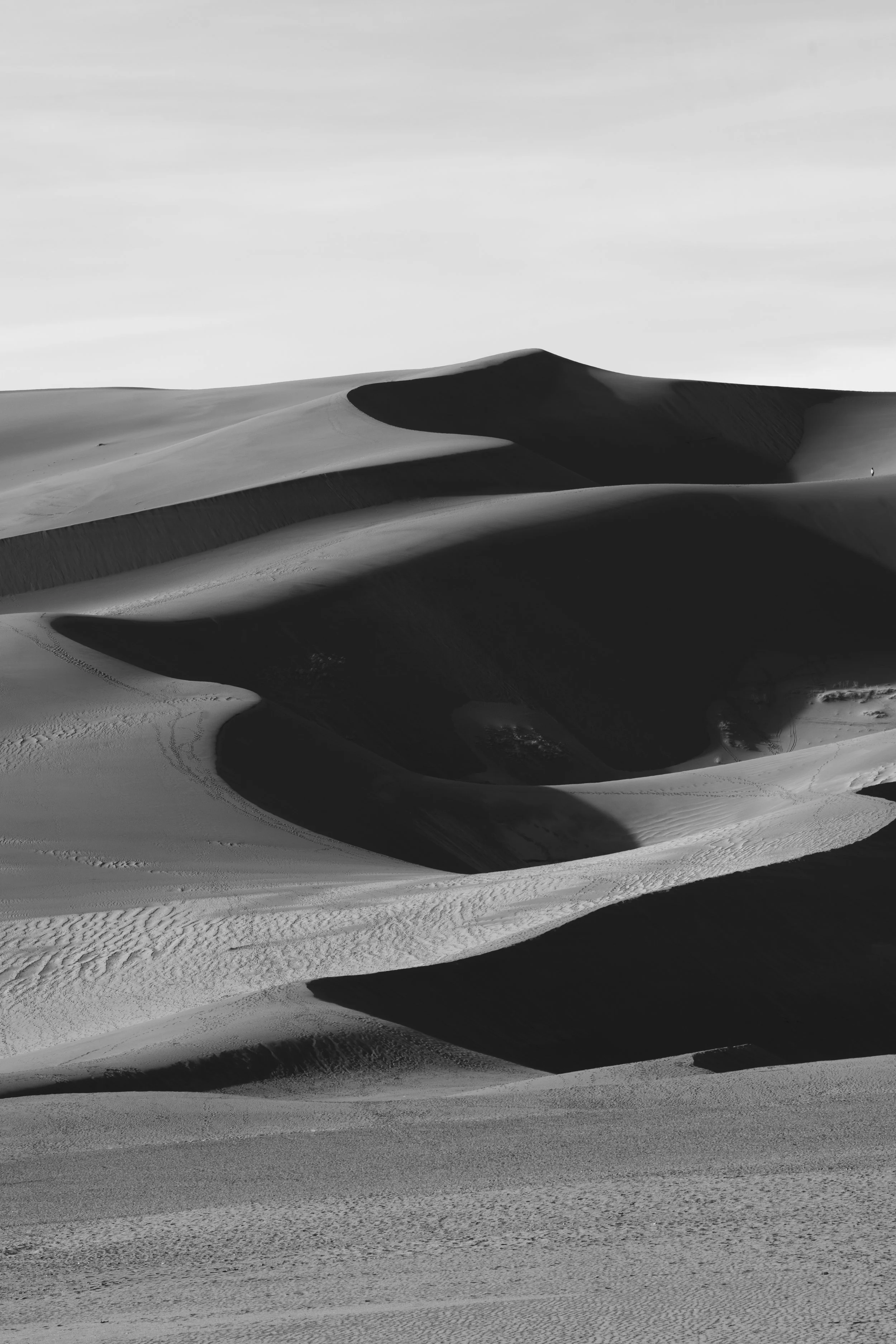 Black and white photo of sand dunes with smooth, flowing curves and shadows highlighting the textures and shapes of the dunes.