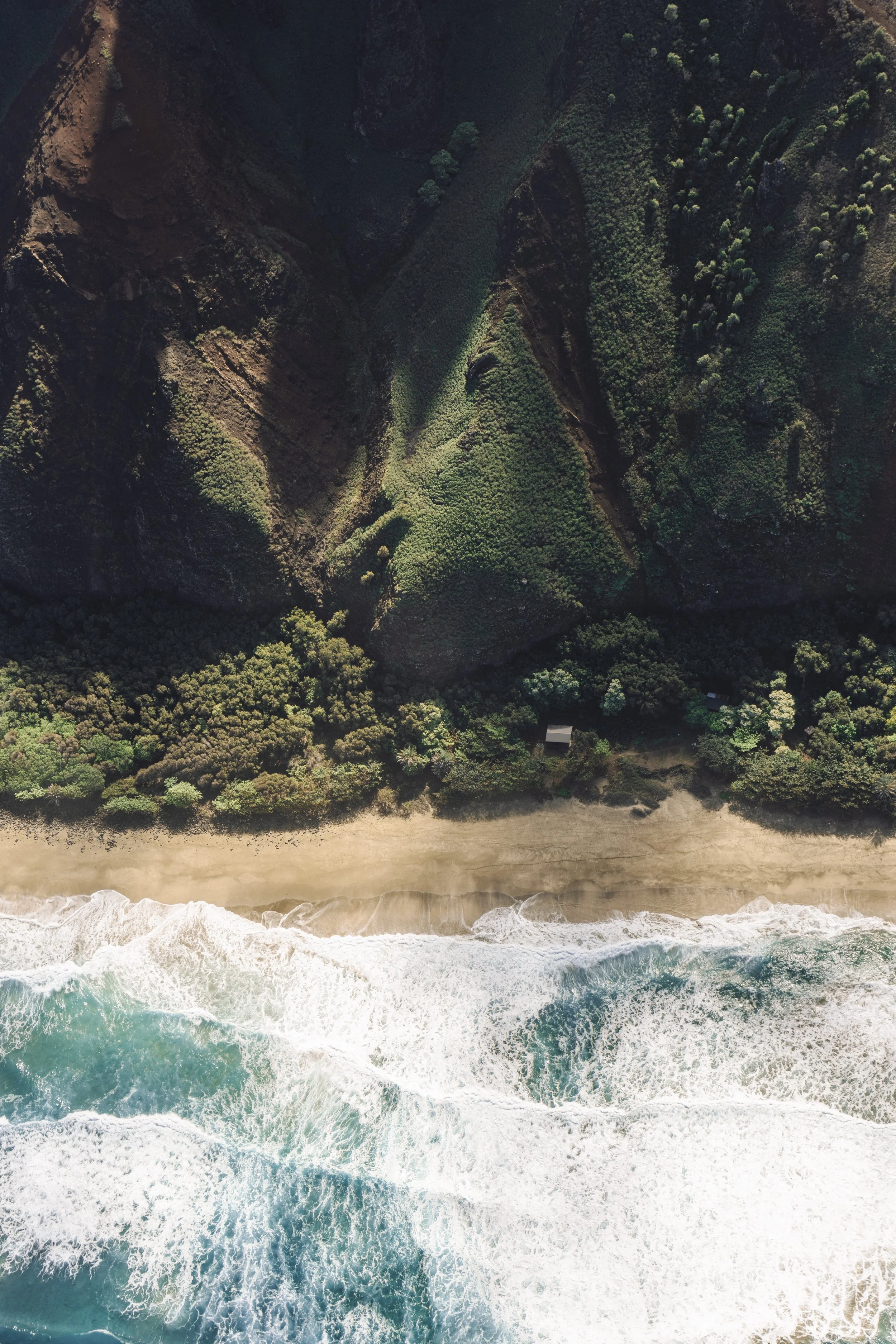 An aerial view of a beach with waves crashing onto the shore, adjacent to a densely forested coastline with steep cliffs.